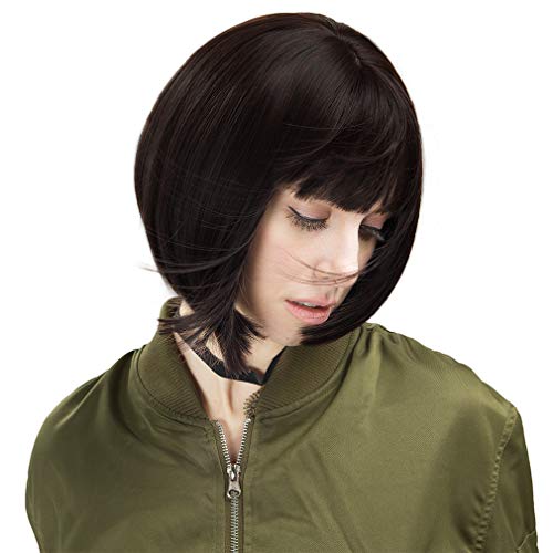 REECHO 11" Short Bob Wig with bangs Synthetic Hair for White Black Women Color: Black Brown