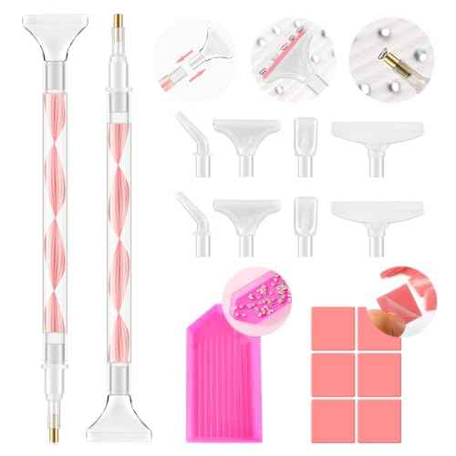 Rhinestone Picker Tool Kit: 2Pcs Rhinestone Picker Handle, Dual-Ended Rhinestones Applicator Dotting Pen with 12 Upgraded Plastic Replacement Tips, Clay, Bedazzling Tools for Nail Art Craft