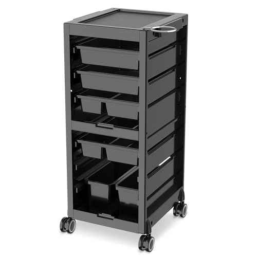 Salon Trolley Salon Cart on Wheels Rolling Tray Large Storage Salon Trolley W/Hair Dryer Holder, 4 Remove Drawers, 2 Buckets for Salon Spa Store