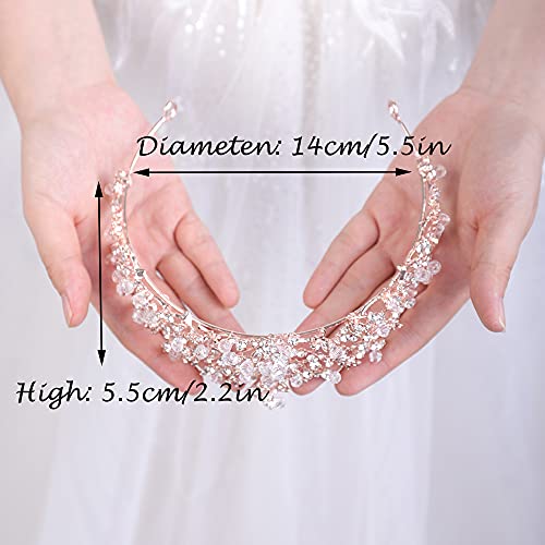 Wekicici Wedding Tiara Floral Rhinestone Crystal Princess Crown Bridal Pageant Tiara Elegant Headband Hair Accessories for Bride Party Birthday Prom Costume Cosplay Gifts(Rose Gold)