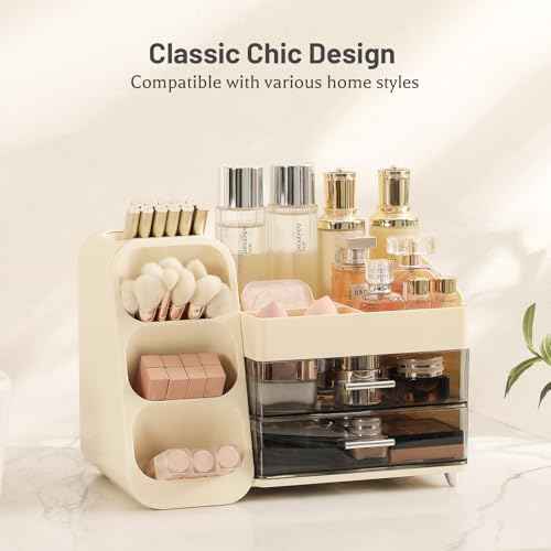 Aveniee Makeup Organizer with Drawers, Large Bathroom Countertop Storage for Vanity, Cosmetic & Skincare Display Case for Brushes, Perfumes, Lipsticks (Cream White)
