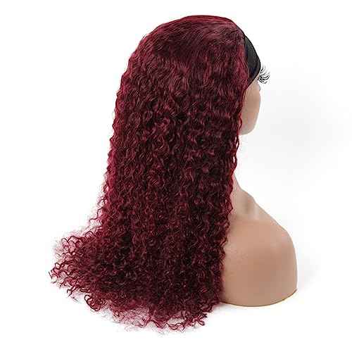 Curly Headband Wig for Black Women, Ombre Dark Red 100% Unprocessed Human Hair Wigs, Burgundy Color Red Wine None Lace Front Wigs with Headband (24'', 1B/Burgundy, Curly), Ombre 1B/99J, Curly