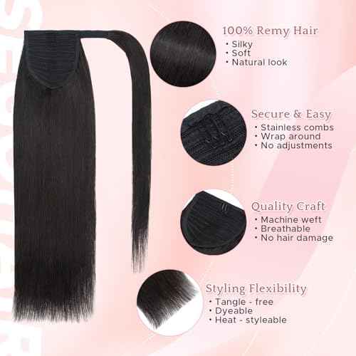 Clip In Real Human Hair Ponytail Extensions for Women 100% Remy Human Hair Ponytail Straight Wrap Around Clip in One Piece Hairpiece 22 Inches 95g #1B Natural Black