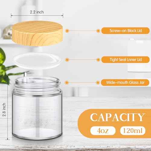 Norme 24 Pcs 4 oz Glass Jars with Lids Empty Small Glass Containers and Inner Liners Reusable Cosmetic Jars Round Airtight Bottles with Plastic Woodgrain Lids for Travel