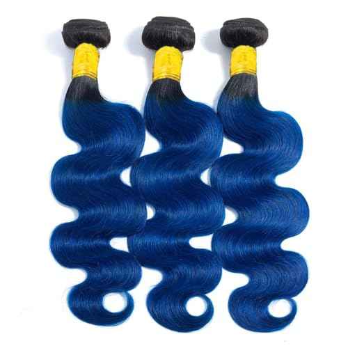 Human Hair Bundles T1B/Blue Color Body Wave Bundles Unprocessed Brazilian Virgin Human Hair 10 12 14 Inch 3 Bundles Quick Weave Human Hair Extensions (T1B/Blue Body Wave, 10 12 14)