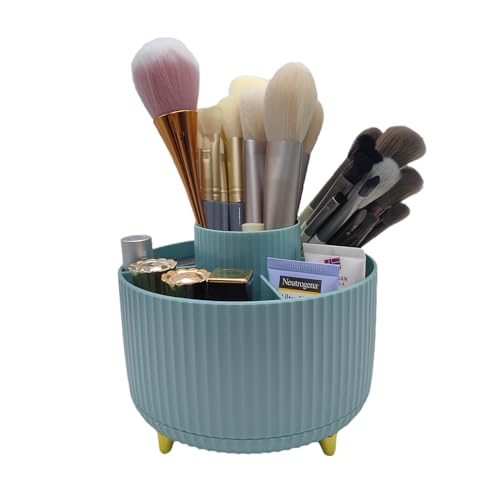 Cendray 360 Rotating Makeup Brush Holder, Makeup Desk Organizer with 5 Slots Cosmetic Brushes Storage,Makeup Organizer for Vanity, Bedroom Decor, Bathroom Organizer (Blue)