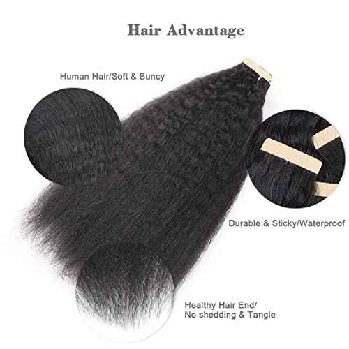 MY SHINY WIGS Kinky Straight Tape In Hair Extensions Human Hair Black Women Natural Black 40 Pcs 100g/Pack Seamless Skin Weft Real Human Hair Tape in Extensions 20 Inch