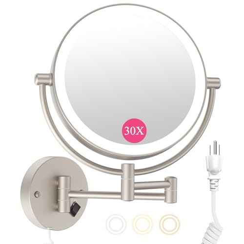 Wall Mounted Makeup Mirror with Lights, 30X/1X Double-Sided Magnifying, Plug-in Lighted Vanity Mirror with 3 Color Modes, Dimmable Brightness, 360¡Æ Swivel Extendable Arm for Bathroom & Grooming