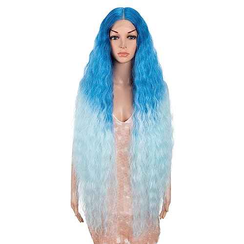 Style Icon 41" Ombre Blue Lace Front Wigs Long Wavy Synthetic Wigs with Baby Hair Ombre Blude Bohemian Style Half Hand Tied 130% Density Wigs (41", GT BLUE/BLUE5)