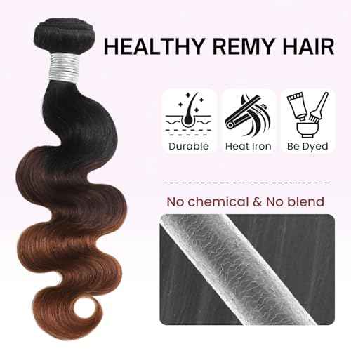 Chestnut Brown Ombre Color T1B/2/30 Human Hair Body Wave Single Bundle, Thick 12A Brown 3 Tone Ombre Bundles With Dark Roots 100% Remy Hair Wavy Sew In Quick Weave Keep Soft after Washes 12 IN