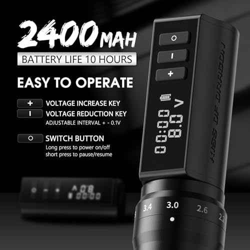 Kiss of Dragon Hunter MAX Tattoo Kit, Cordless/Cord Complete Tattoo Gun Kit Pen Machine,oreless Motor 6 Strokes Length, 2,400mAh Power Supply with Extra Battery Rca Jack Part