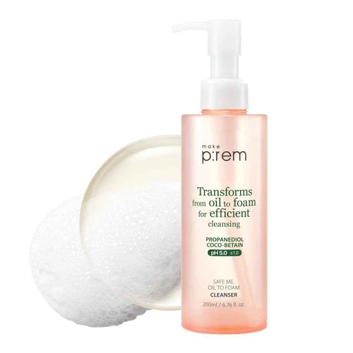 MAKE P:REM Safe Me. Oil to Foam Cleanser, Korean Face Wash, Gentle Transforming Makeup Remover for Sensitive Skin, 6.76 Fl Oz, 200ml