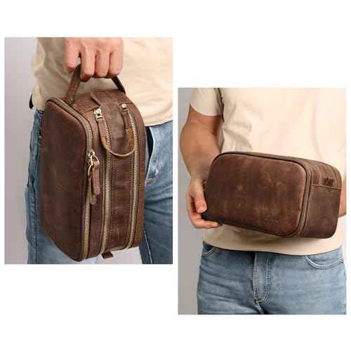 S-ZONE Leather Travel Toiletry Bag for Men Women Traveling Cosmetic Shaving Bags Dopp Kit
