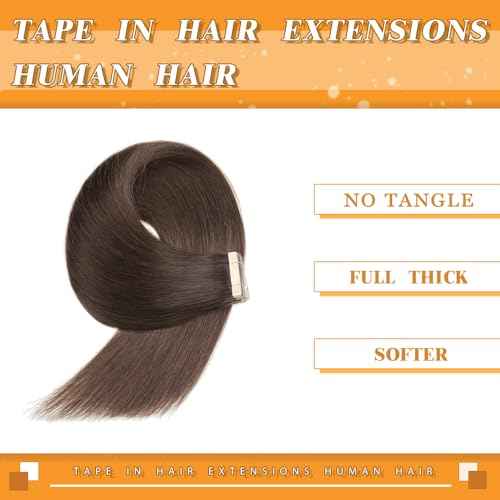 YDDM 20 Inch Tape in Hair Extensions Human Hair, Dark Brown 20pcs 100% Remy Human Hair Straight Seamless Invisible Tape in Hair Extensions(2#, 20 Inch)