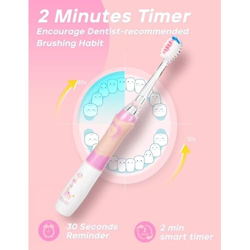 SEAGO Kids Electric Toothbrush with 2 Mins Brushing Timer and 8 Replacement Bursh Heads,Rainbow LED Light Make Brushing Fun, Pink Color Girls Battery Powerd Toothbrush for 4-12 Years Old