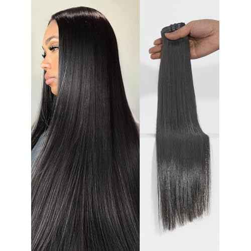 LUVME Silky Straight Seamless 110g 7Pcs Clip in Hair Extensions Full Max with 20inch Remy Human Hair Extensions, Natural Black 100% Real Soft Human Hair