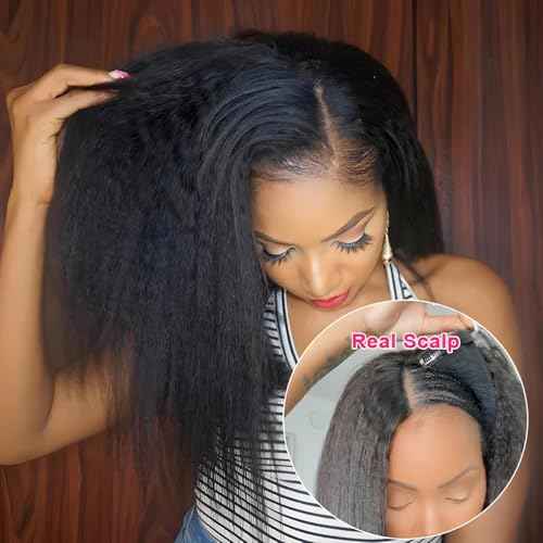 V Part Wig Human Hair Kinky Straight 20 Inch Vpart Human Hair Wig Upgrade U Part Wig Yaki Straight Clip in Half Wigs for Black Women Glueless No Leave Out 180% Density Natural Color
