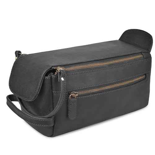 Genuine Leather Travel Toiletry Bag for Men & Women ? Unisex Water-Resistant Travel Dopp Kit, Shaving Organizer & Compact Bathroom Essentials - Midnight Black