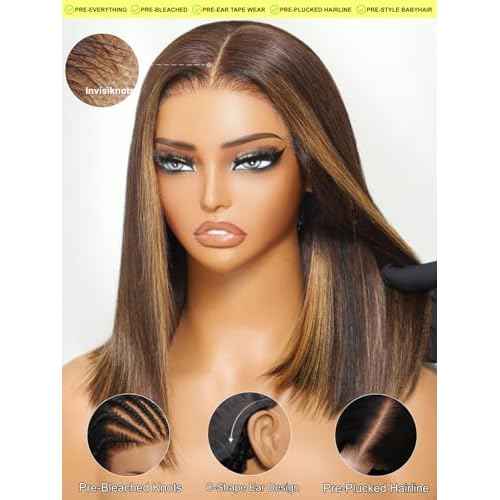 Sunber Ombre Brown Highlights Blonde Bob Human Hair Glueless Wig Bye Bye Knots Pre Everything 7x5 Lace Front Bob Wigs Pre Cut Lace Pre Plucked Pre Bleached Knots 150% Density 3S Put On and Go 12Inch