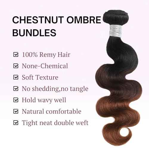 Chestnut Brown Ombre Color T1B/2/30 Human Hair Body Wave Single Bundle, Thick 12A Brown 3 Tone Ombre Bundles With Dark Roots 100% Remy Hair Wavy Sew In Quick Weave Keep Soft after Washes 12 IN