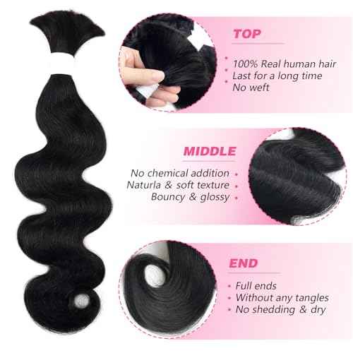 Human Braiding Hair 100g One Bundle/Pack 28 Inch Natural Black Body Wave Curly Bulk Human Hair for Braiding No Weft 100% Unprocessed Brazilian Human Hair Braiding Hair for Boho Braids