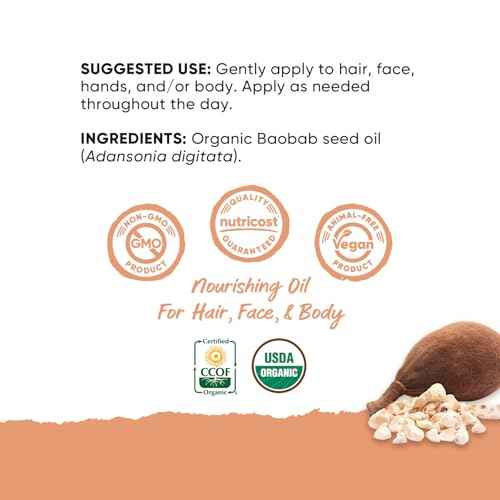 Nutricost Organic Baobab Oil (4 FL OZ) - Nourishing Oil For Hair, Face, & Body, Cold Pressed & Unrefined