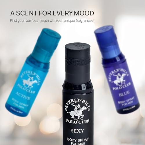 Beverly Hills Polo Club Men's Signature Body Spray Collection | 3-Piece Set: Blue, Active, Sexy | Versatile Fragrances for Every Occasion | Travel-Friendly 3 fl oz Each | Premium Grooming Gift for Him