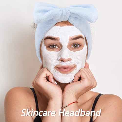 VELSCRUN Spa Headbands for Wash Face, Makeup Headband, Facial Skincare Headbands, 5 Pcs Blue Puffy Sponge Spa Headband Bow Tie Hair Band Hair Clips Wristband Set Women Girls Accessories