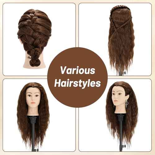 Mannequin Head with 90% Human Hair, 24" Female Real Hair Cosmetology Mannequin Head Hair Styling Manikin Head Doll Head for Hairdresser Practice Training with Clamp Holder and Tools (Brown)
