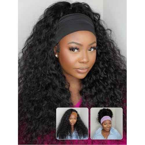 Nadula Water Wave Headband Wig Human Hair with Drawstring ? Glueless HookFit Wet and Wavy Half Wig Beginner Friendly, Ready to Wear Clip in Half Wigs for Women Natural Black Color 16inch