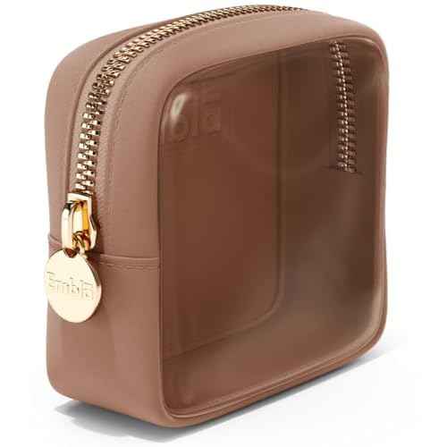 Embla Clear Cosmetic Bag Makeup Case, Clear Zipper Make Up Pouch and Toiletry Travel Tote, Cute Skincare Pouches for Women Girls, Preppy Purse Cosmetic Organizer, Mini Makeup Bags, Mocha Mousse