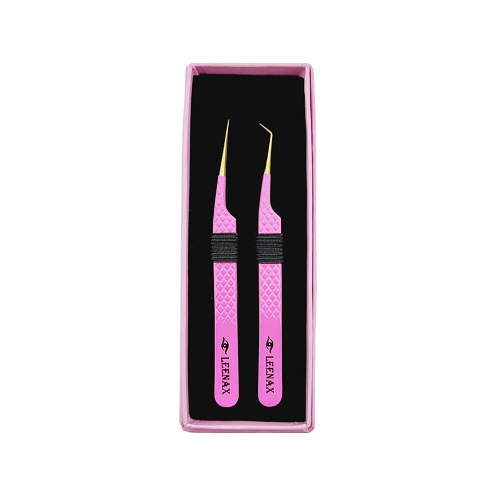 LEENAX 2 Pcs Pink Stainless Steel Tweezers for Eyelash Extensions, Eyelash Extension Tweezers Set, Volume Tweezers, Lash Extension Precision Tweezers, Extension tweezers.