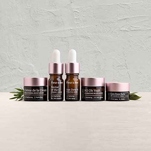 Fleur & Bee Skincare Set, Discovery Set, 5 Deluxe Minis Moisturizers, Serums, Eye Cream | Skin Care Gift Set Vegan & Cruelty-Free | Travel Friendly