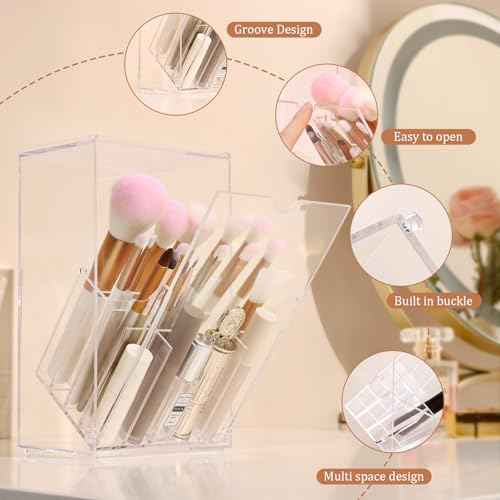 Acrylic Makeup Brush Holder with Slanted Flip-Top Lid - Clear Dustproof Cosmetic Make up Brush Organizer and Storage Box - Large Capacity 17-Slots Container for Vanity Brushes (Transparent)