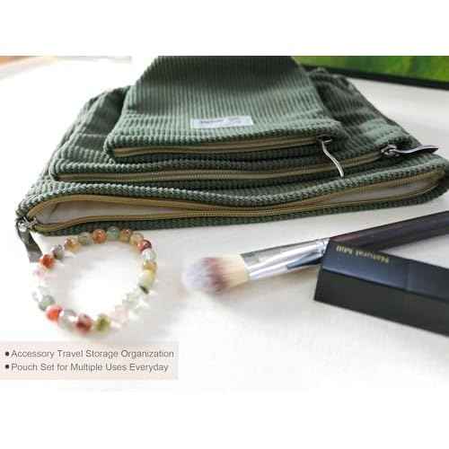 HAPPYHEIDI Corduroy Makeup Bag Set 3 Cosmetic Toiletry Travel Pouch Organizer for Purse Tote, Women Girls Gift, Large Medium Small, Solid Sage Green