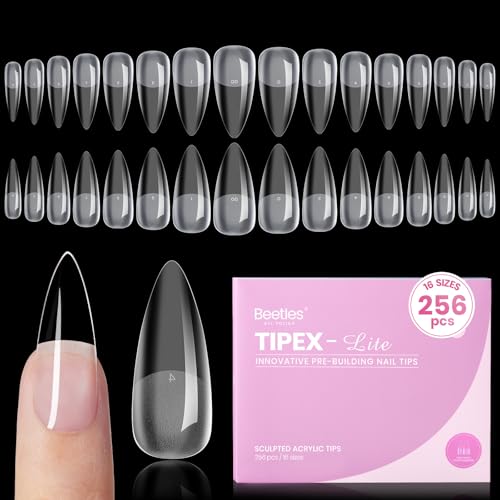 Beetles Tipex Lite Apex Nail Tips, Stiletto Medium, 256pcs 16 Sizes,Pre-Building Pre-Etched Acrylic Nail Tips for Flat Nails & Natural Nail Beds