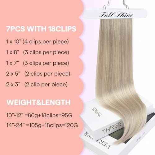 Full Shine 22 inch Blonde Hair Extensions Clip in Human Hair, Ash Blonde Highlights Clip in Hair Extensions Real Human Hair, Straight Thick Full Head 7pcs 120g