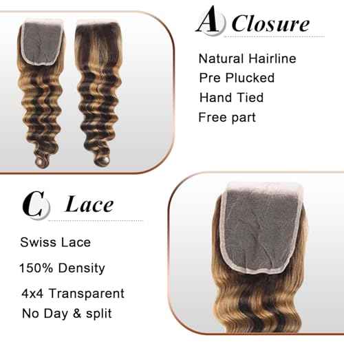 Loose Deep Wave Bundles With Closure Human Hair 16 18 20+16inch Ombr? Highlight Loose Deep Wave Bundles Human Hair with 4x4 Lace Closure Brown Highlight Colored