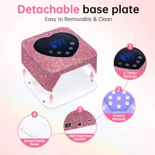 UV LED Nail Lamp 72W Rechargeable Sparkly Wireless Nail Dryer Gel Polish Light with 5 Timer Setting Professional Quick Dry Curing Lamp Pink with Display Auto Sensor for Salon & Home