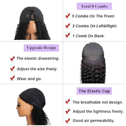 Curly V Part Wigs Human Hair Upgrade U Part Wig Human Hair Wigs for Black Women Glueless V Part Jerry Curly Wig Wear And Go No Leave Out 180% Density Natural Black Color 22 inch