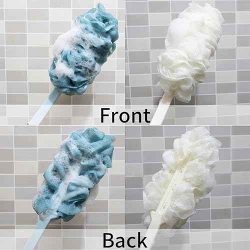 2Pack Back Scrubber for Shower, Loofah with Handle, Back Loofah Non-Slip Handle, Bath Body Brush, Scrub Cleaning Brush for Shower, Soft Mesh Sponge On a Stick for Men Women Elderly (Blue and White)