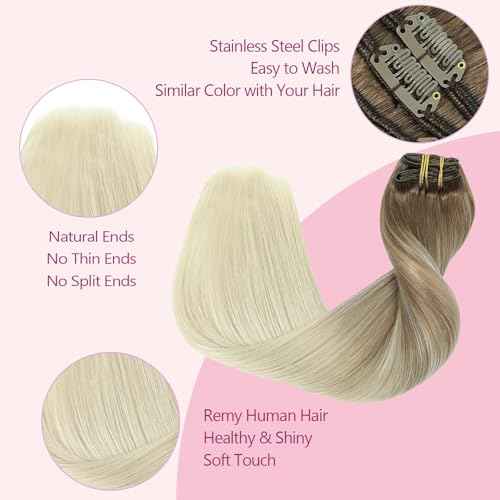 PINKPEARL Human Hair Clip in Hair Extensions 14inch #8T60 Ash Brown to Platinum Blonde Balayage Clip in Hair Extensions Real Human Hair 7pcs 120g Natural Remy Human Hair(#8T60-14)