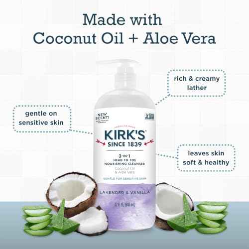Kirk's 3-in-1 Head to Toe Nourishing Liquid Cleanser- for Men, Women & Children - Premium Coconut Oil & Aloe Vera- Non GMO & Vegan - Lavender and Vanilla - 32 Fl Oz.