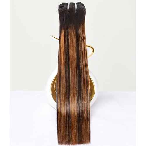 mlip Raw Bundles Human Hair Straight, No Tangle Shedding, Keep Texture Silky Soft After Multiple Washes, 15A Raw Indian Hair Bundles 12 Inches, Brown Highlight Bundles