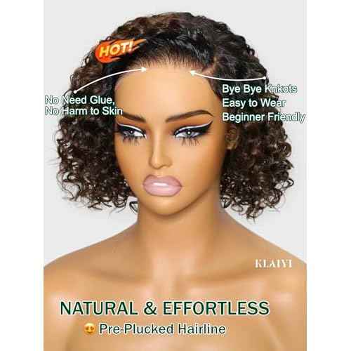 KLAIYI Ombre Brown Curly Bob Wig Human Hair Bye Bye Knots Glueless Wig Precut Lace Pre Bleached Pre Plucked 7x5Lace Front Easy to Wear Put On Go Wig with Dark Roots Side Part Balayage Brown Wig 10Inch