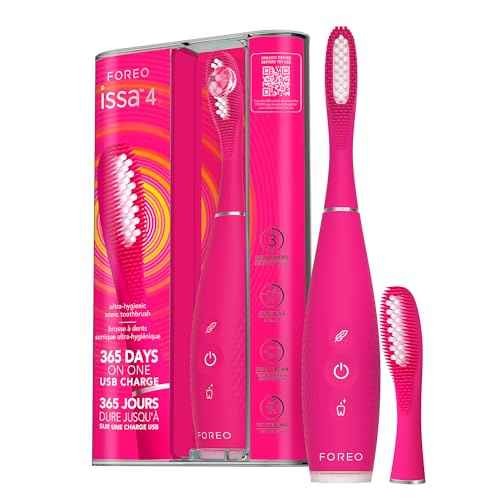 FOREO ISSA 4 Electric Toothbrush ? 4-in-1 Rechargeable with Extra Brush Head, Soft Bristles, Long-Lasting Use, Gentle Cleaning - Fuchsia