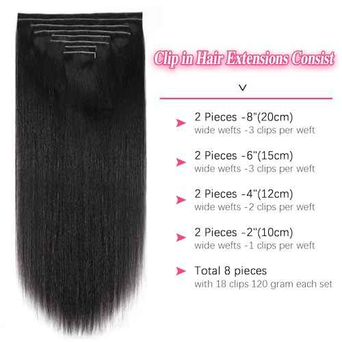 Injected Clip in Extension Human Hair Straight Clip Ins for Women Brazilian Injected Clip ins Human Hair Natural Color 8 Pcs with 18 Clips 120g/Set (16 inch)