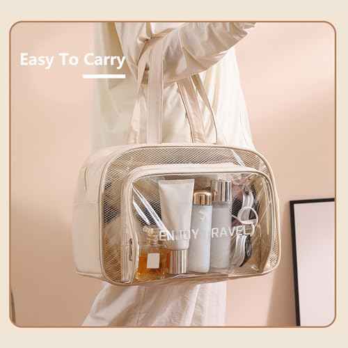 Travel Toiletry Bag for Women and Men, Beach Bag Waterproof Sandproof, Large Clear Tote for Gym Pool Beach Summer Vacation (Beige)