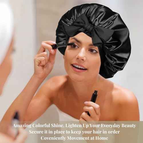 Silk Bonnet for Sleeping Women, Ajustable Hair Bonnet for Curly Hair with Tie Band Shower Caps Black£¬Large
