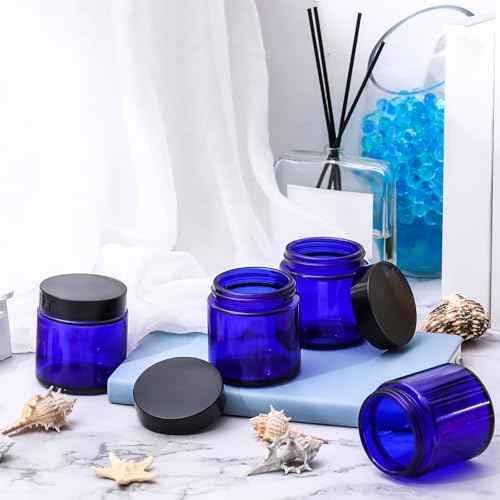 Norme 48 Pcs 4 oz Glass Jars with Lids Leakproof Round Airtight Empty Cosmetic Jars with Inner Liners Lid for Storing Lotions Powder Ointments Candle Making Tins (Black,Blue)